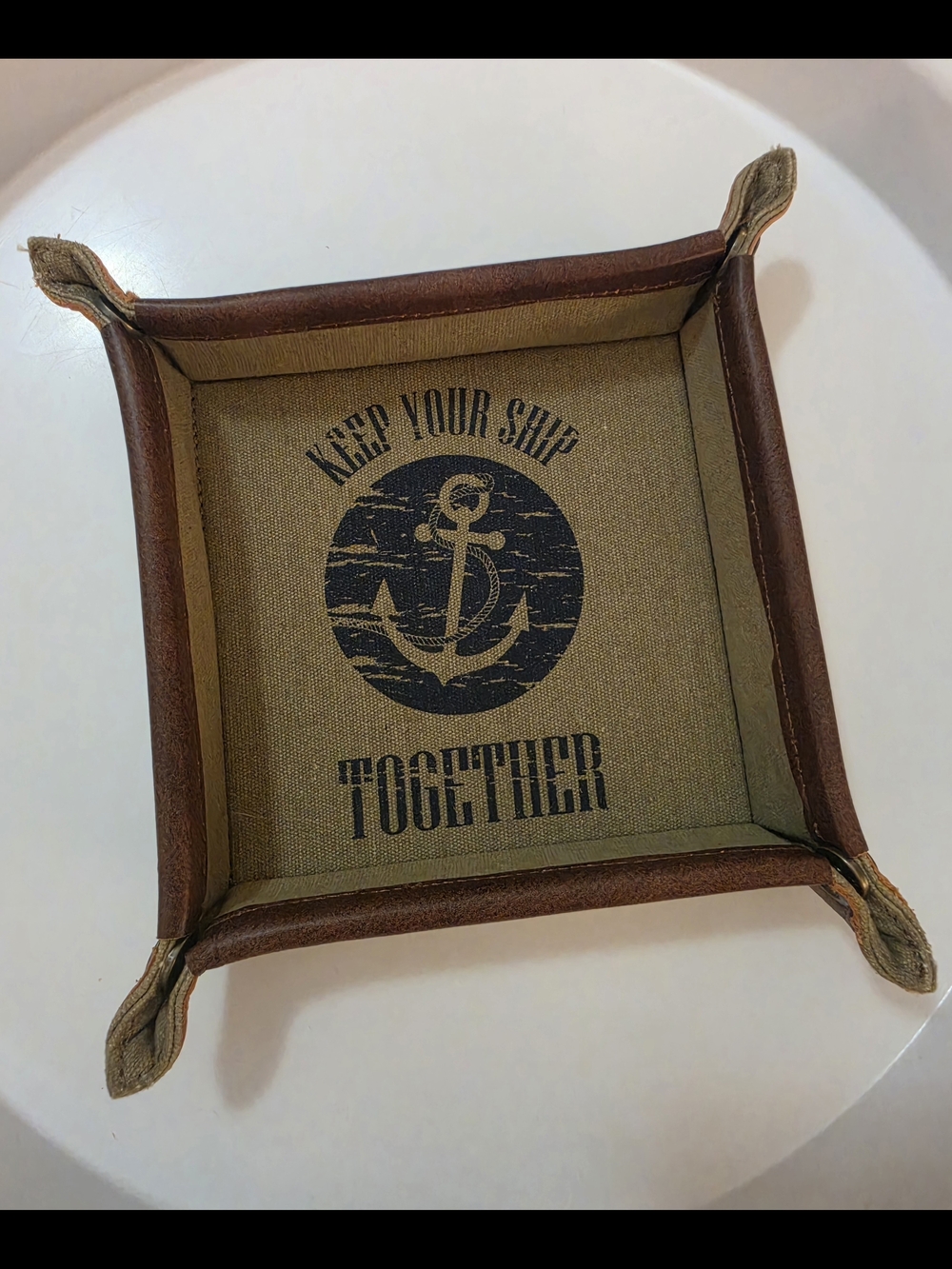 Mona B Nautical Anchor Canvas Catchall Tray in Rustic Brown Leather Trim Decor